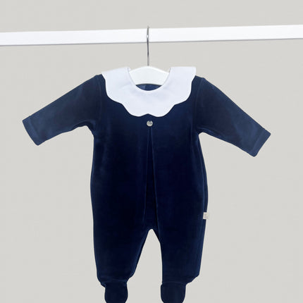 Velour Navy Scallop Collar Babygrow