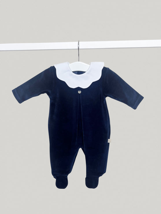 Velour Navy Scallop Collar Babygrow