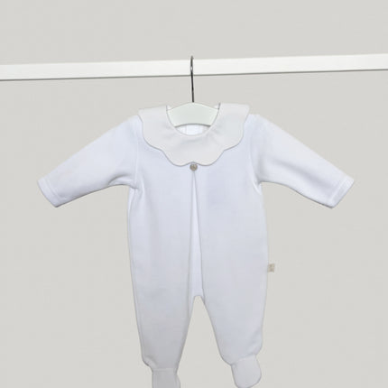 Velour White Scallop Collar Babygrow