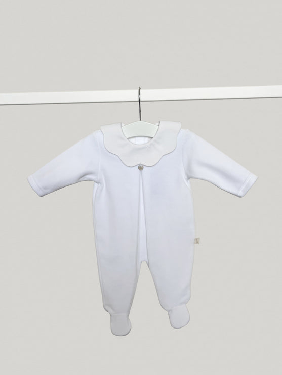 Velour White Scallop Collar Babygrow