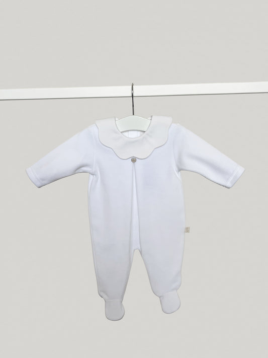 Velour White Scallop Collar Babygrow